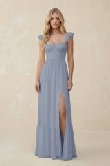 Sweetheart Ruffled Sleeve A - Line Chiffon Bridesmaid Dress in Twilight - KissProm Bridesmaid Dresses