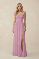 Sweetheart Ruffled Sleeve A - Line Chiffon Bridesmaid Dress in Vintage Mauve - KissProm Bridesmaid Dresses