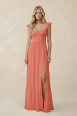 Sweetheart Ruffled Sleeve A - Line Chiffon Bridesmaid Dress in Wild Rose - KissProm Bridesmaid Dresses