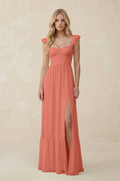 Sweetheart Ruffled Sleeve A - Line Chiffon Bridesmaid Dress in Wild Rose - KissProm Bridesmaid Dresses