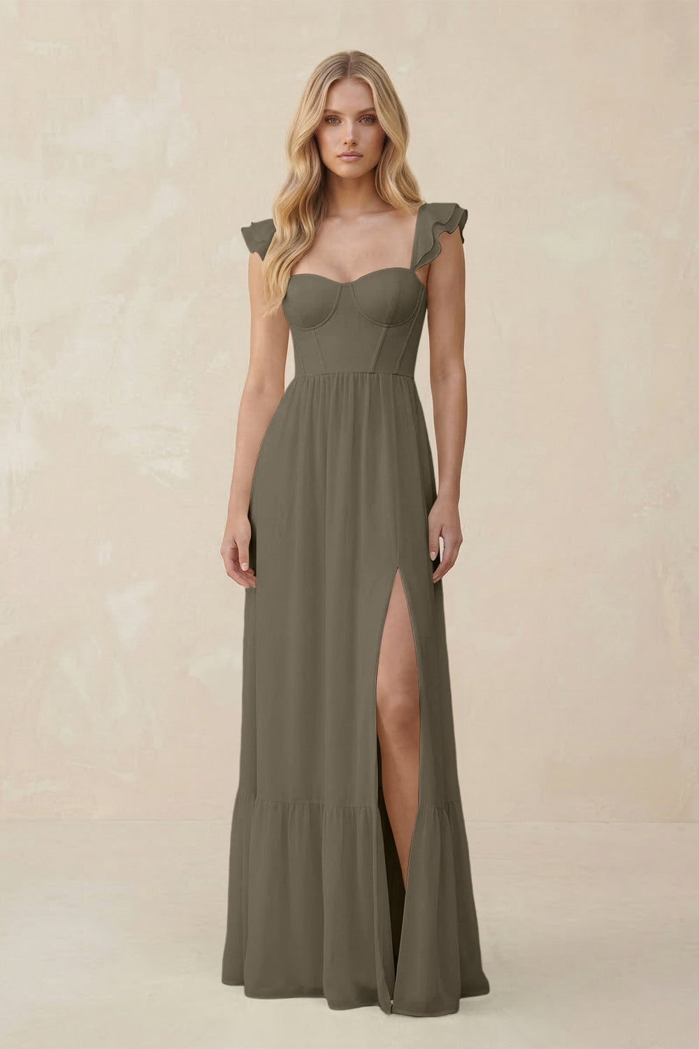Sweetheart Ruffled Sleeve A - Line Chiffon Bridesmaid Dress in Willow Green - KissProm Bridesmaid Dresses