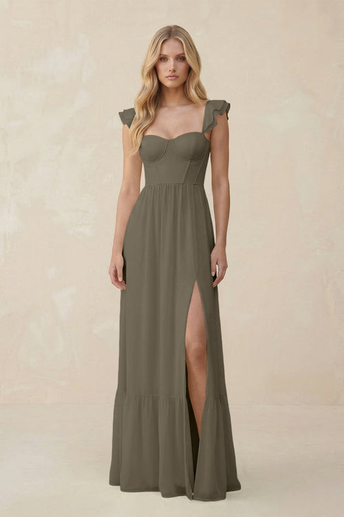 Sweetheart Ruffled Sleeve A - Line Chiffon Bridesmaid Dress in Willow Green - KissProm Bridesmaid Dresses