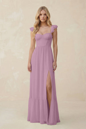 Sweetheart Ruffled Sleeve A - Line Chiffon Bridesmaid Dress in Wisteria - KissProm Bridesmaid Dresses