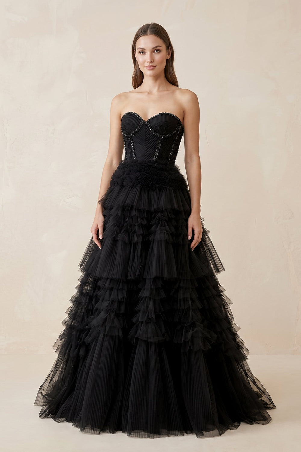 wedding dress with black beading KissProm |Sweetheart Ruffled Tulle Wedding Dress With Beading in Black