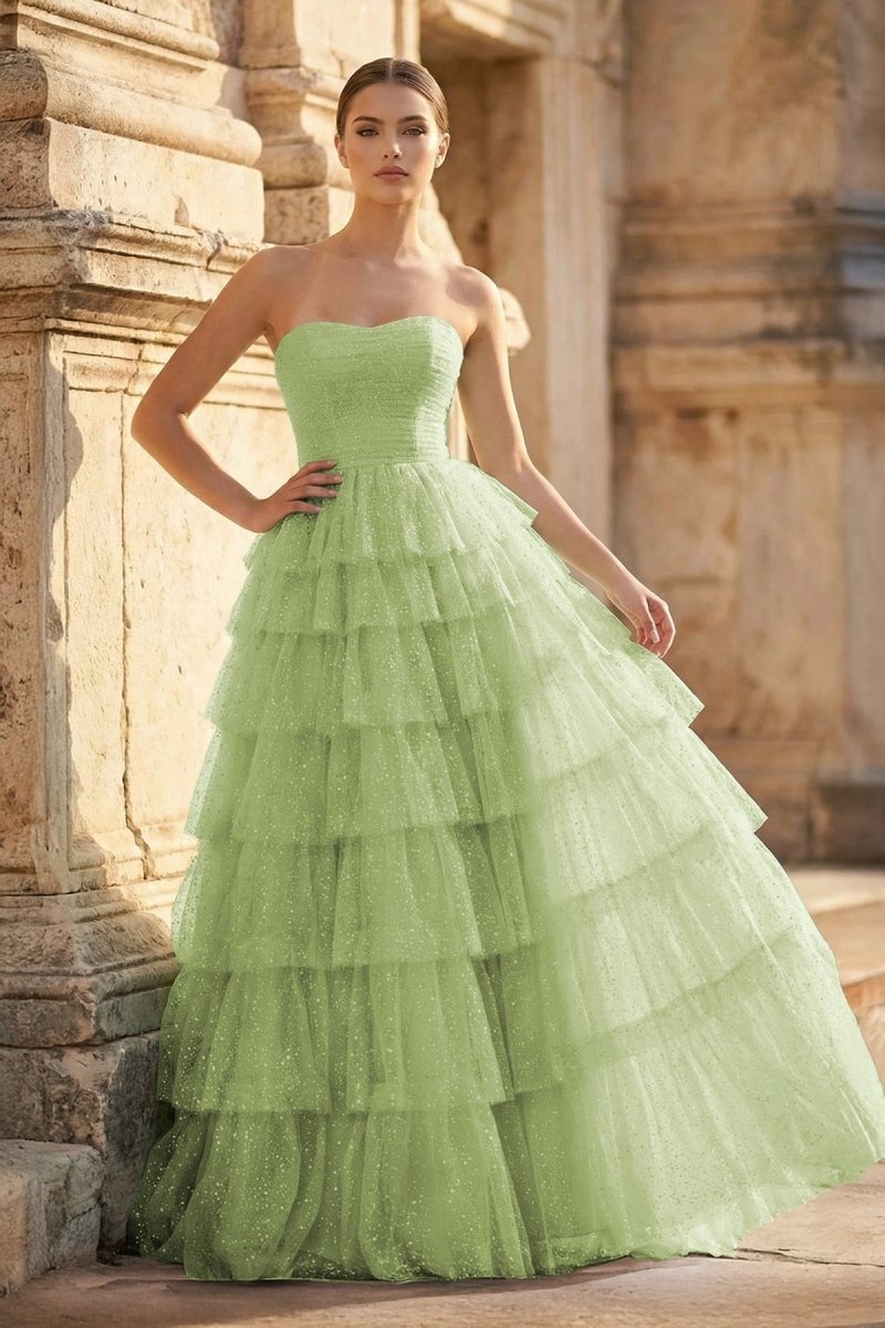 KissProm Mint Green Sweetheart Tulle Tiered A-Line Long Prom Dress with Slit, Sage Green / 0
