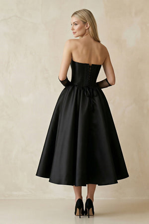 Sweetheart Satin A - Line Midi Wedding Dress With Sleeves in Black - KissProm Wedding Dresses