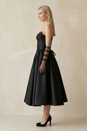 Sweetheart Satin A - Line Midi Wedding Dress With Sleeves in Black - KissProm Wedding Dresses