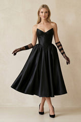 Sweetheart Satin A - Line Midi Wedding Dress With Sleeves in Black - KissProm Wedding Dresses