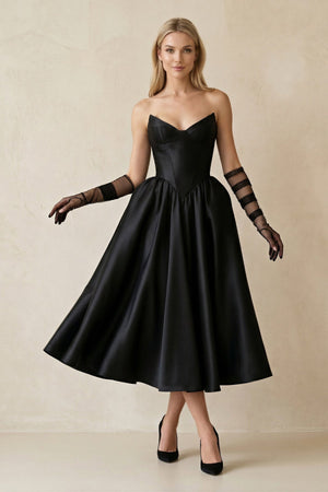 Sweetheart Satin A - Line Midi Wedding Dress With Sleeves in Black - KissProm Wedding Dresses