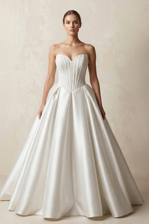 Sweetheart Satin Ball Gown Corset Wedding Dress in White - KissProm Wedding Dresses