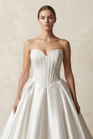 Sweetheart Satin Ball Gown Corset Wedding Dress in White - KissProm Wedding Dresses