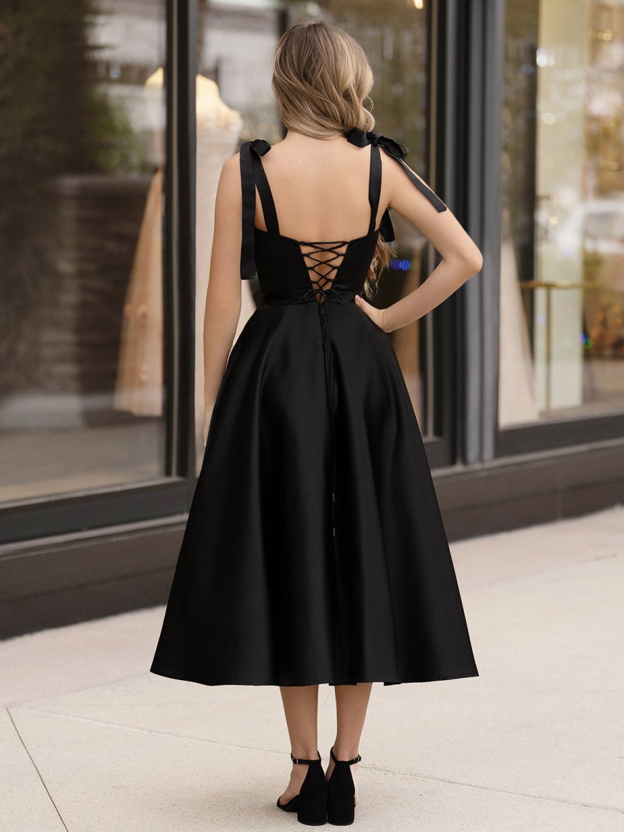 slim fit dress slacks Strapless Black Tulle Tea Length Prom Dress, Black Tulle Homecoming Dr –  abcprom main image 0