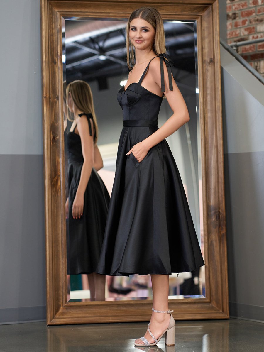 Charlotte Tea Lenth Black A line Sweetheart Satin Homecoming Dress Charlotte Tea Lenth Black A line Sweetheart Satin Homecoming Dress