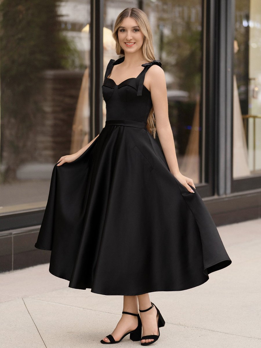 Charlotte Tea Lenth Black A line Sweetheart Satin Homecoming Dress Charlotte Tea Lenth Black A line Sweetheart Satin Homecoming Dress