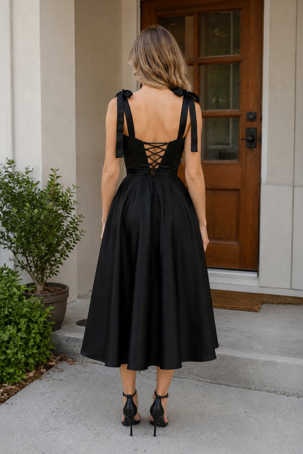 black long dresses for homecoming A line Sweetheart Satin Tea Length Homecoming Dress, Black / 12