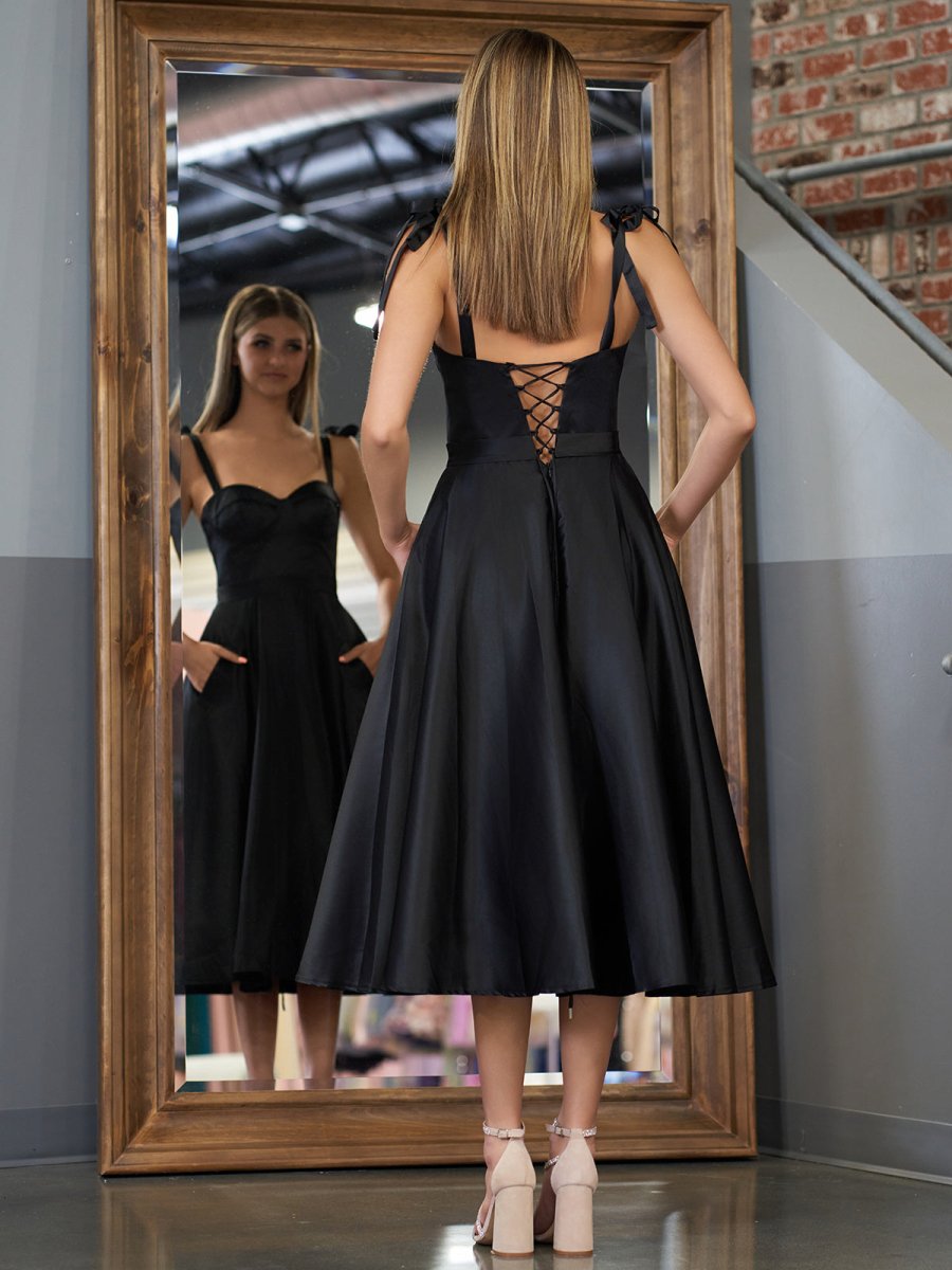 Homecoming Dresses Formal Dresses For Flat Chest Charlotte Tea Lenth Black  A Line Sweetheart Satin Homecoming Dress