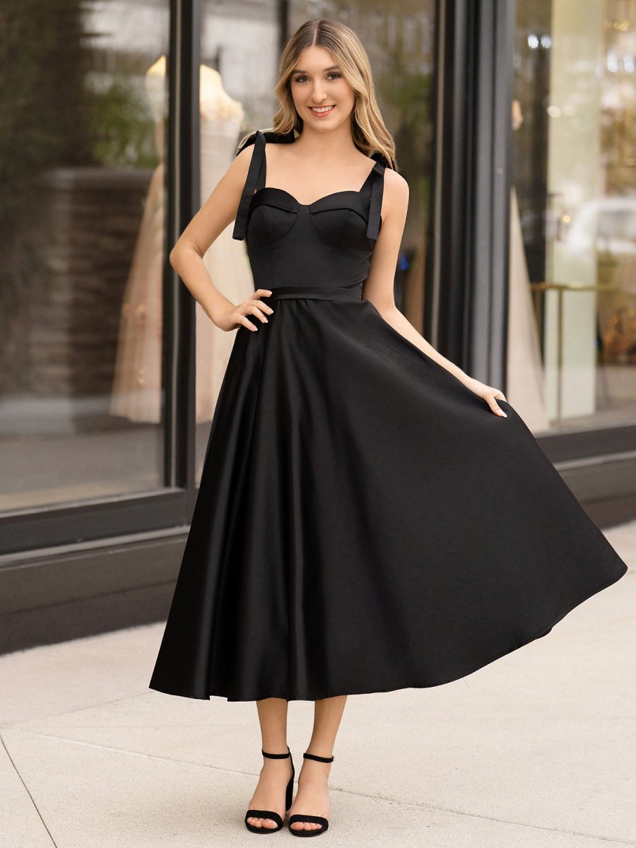 A line Sweetheart Satin Tea Length Homecoming Dress, Black / 12 A line Sweetheart Satin Tea Length Homecoming Dress, Black / 12