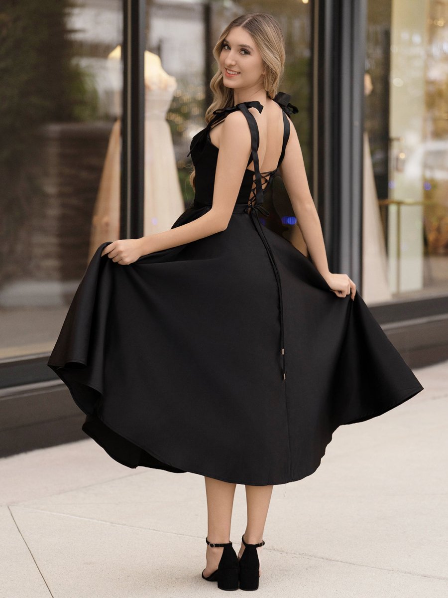 KissProm A line Sweetheart Satin Tea Length Homecoming Dress, Black / 12