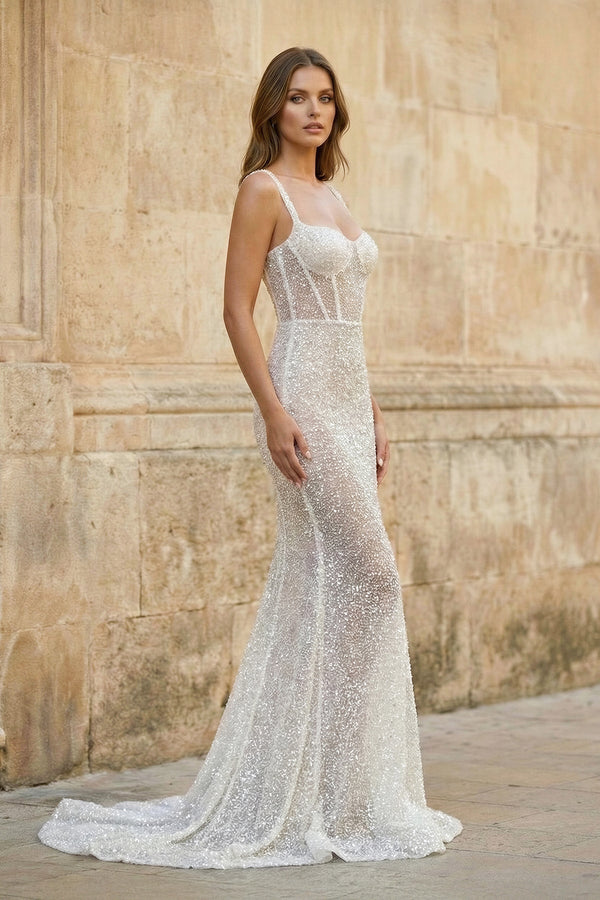 Sweetheart Sequined Sheath Wedding Dress in Ivory - KissProm Wedding Dresses