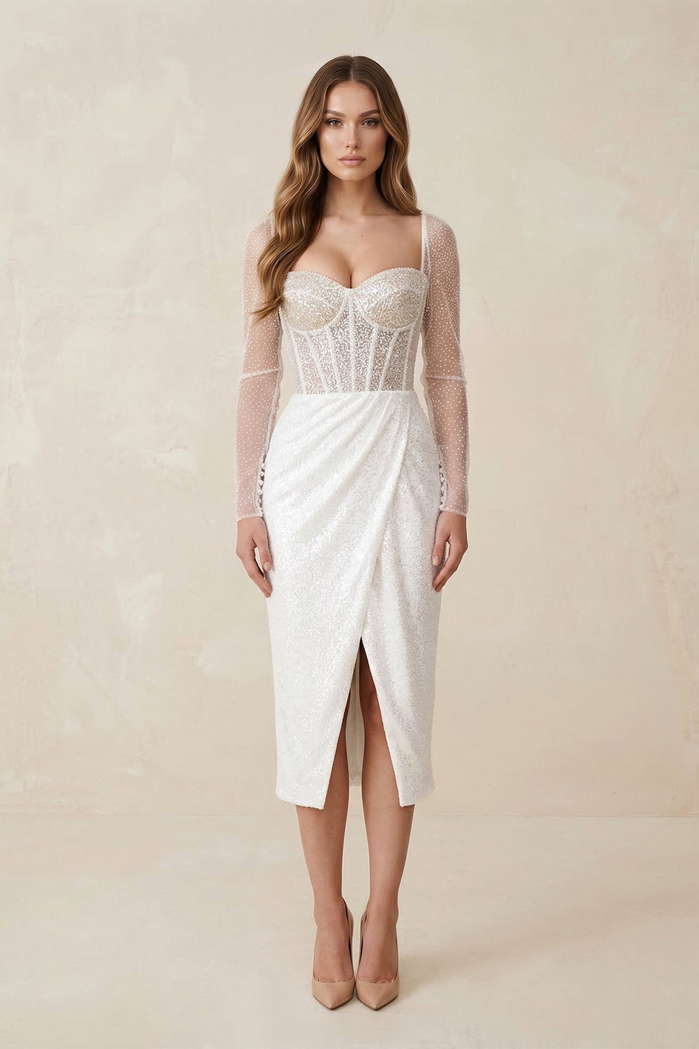 Sweetheart Sheath Ruched Sequined Wedding Dress in White - KissProm Wedding Dresses