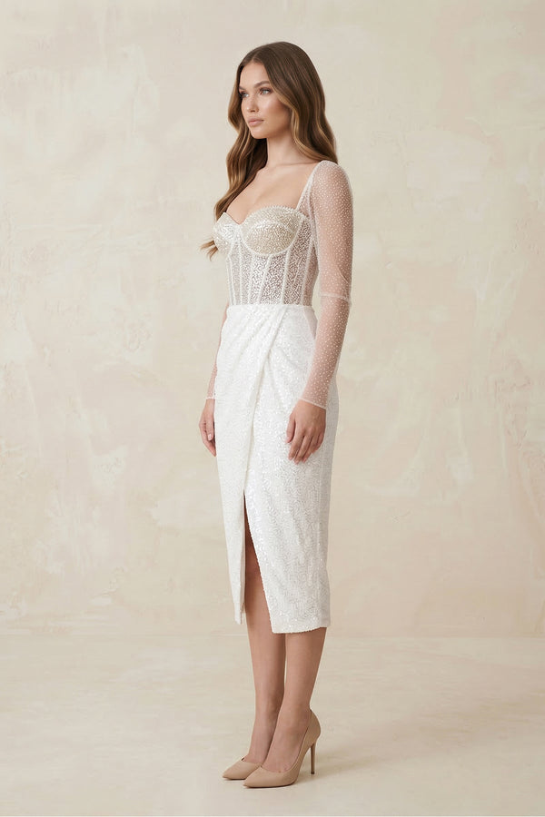 Sweetheart Sheath Ruched Sequined Wedding Dress in White - KissProm Wedding Dresses