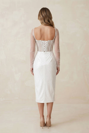 Sweetheart Sheath Ruched Sequined Wedding Dress in White - KissProm Wedding Dresses