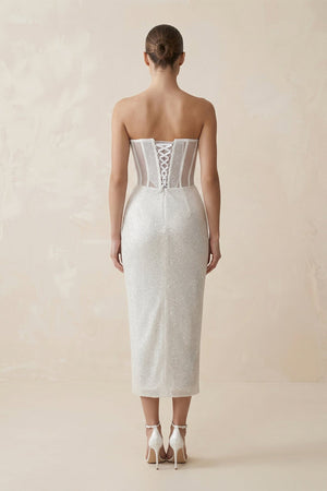 Sweetheart Sheath Sequined Corset Wedding Dress in White - KissProm Wedding Dresses