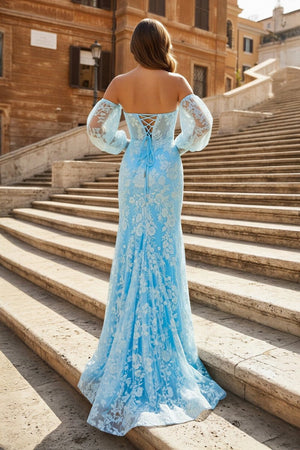 Alexandria Sky Blue Mermaid Sweetheart Lace Prom Dress with Detachable Sleeves