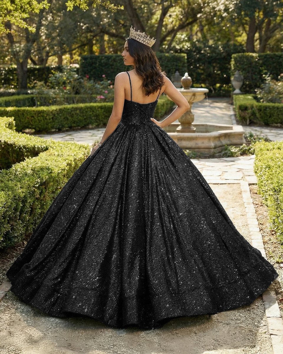 sparkly black evening dress Sweetheart Spaghetti Straps Sequins Ball Gown Black Sparkly Prom Dresses Black / 10