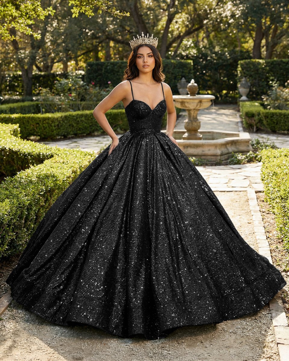 black glitter prom dresses KissProm Sweetheart Spaghetti Straps Sequins Ball Gown Sparkly Dresses, Black / 10 Summer Navy Blue Midi ball gown voluminous look Size:18.5” Neck / 36-37” Sleeve