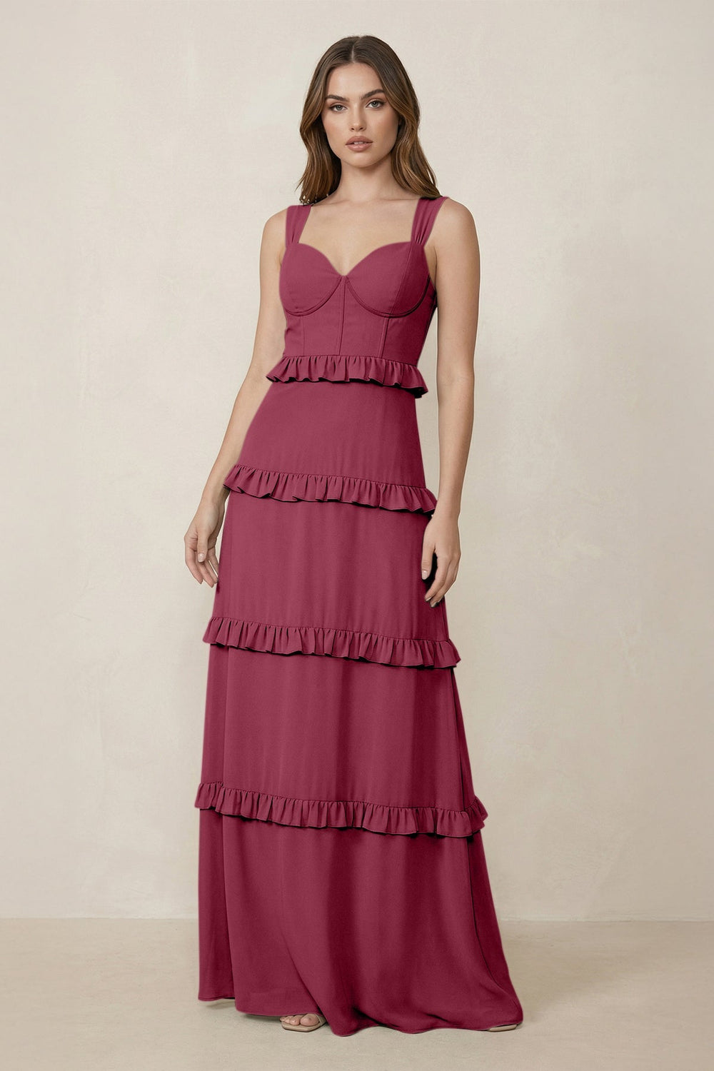 Sweetheart Tiered A - Line Chiffon Bridesmaid Dress in Desert Rose - KissProm Bridesmaid Dresses