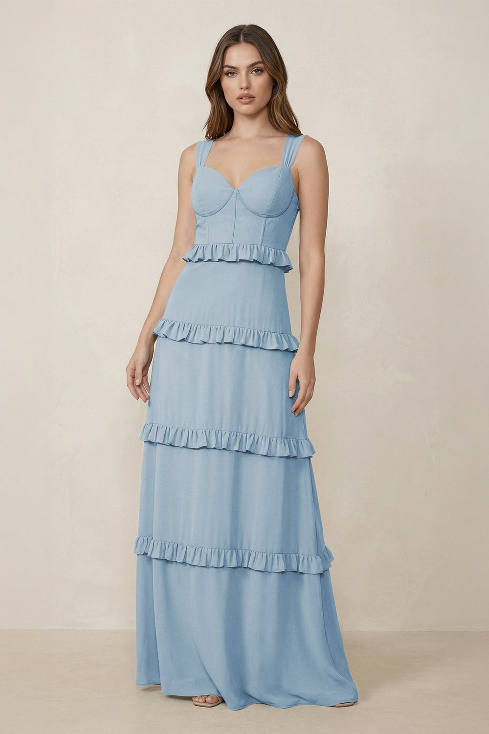 Sweetheart Tiered A - Line Chiffon Bridesmaid Dress in Dusty Blue - KissProm Bridesmaid Dresses