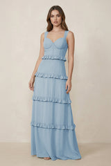 Sweetheart Tiered A - Line Chiffon Bridesmaid Dress in Dusty Blue - KissProm Bridesmaid Dresses
