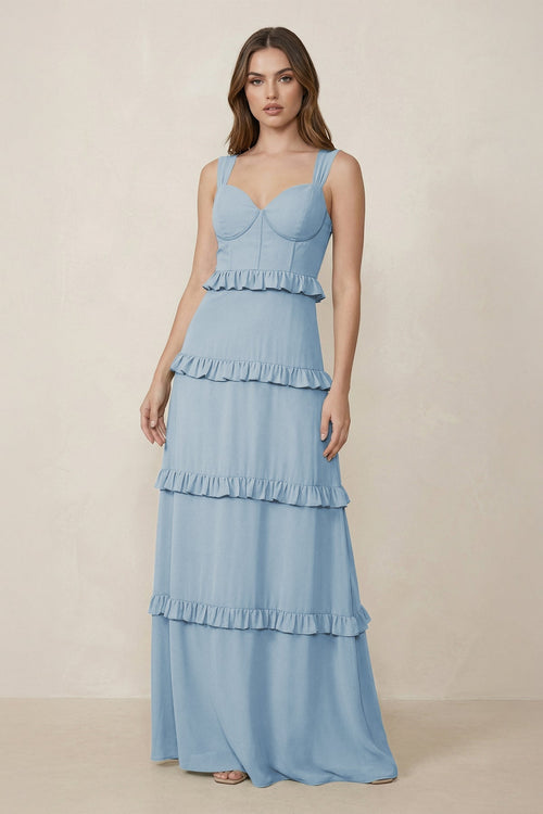Sweetheart Tiered A - Line Chiffon Bridesmaid Dress in Dusty Blue - KissProm Bridesmaid Dresses