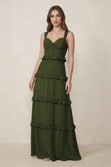 Sweetheart Tiered A - Line Chiffon Bridesmaid Dress in Olive - KissProm Bridesmaid Dresses