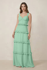Sweetheart Tiered A - Line Chiffon Bridesmaid Dress in Pale Pistachio - KissProm Bridesmaid Dresses