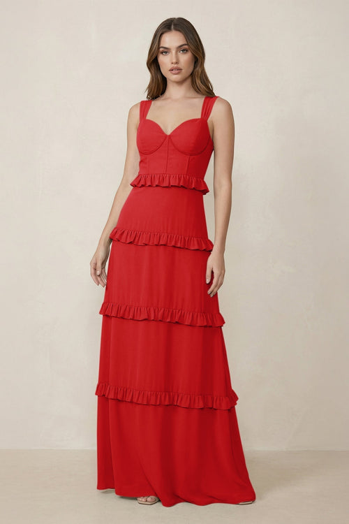 Sweetheart Tiered A - Line Chiffon Bridesmaid Dress in Ruby Red - KissProm Bridesmaid Dresses