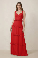 Sweetheart Tiered A - Line Chiffon Bridesmaid Dress in Ruby Red - KissProm Bridesmaid Dresses