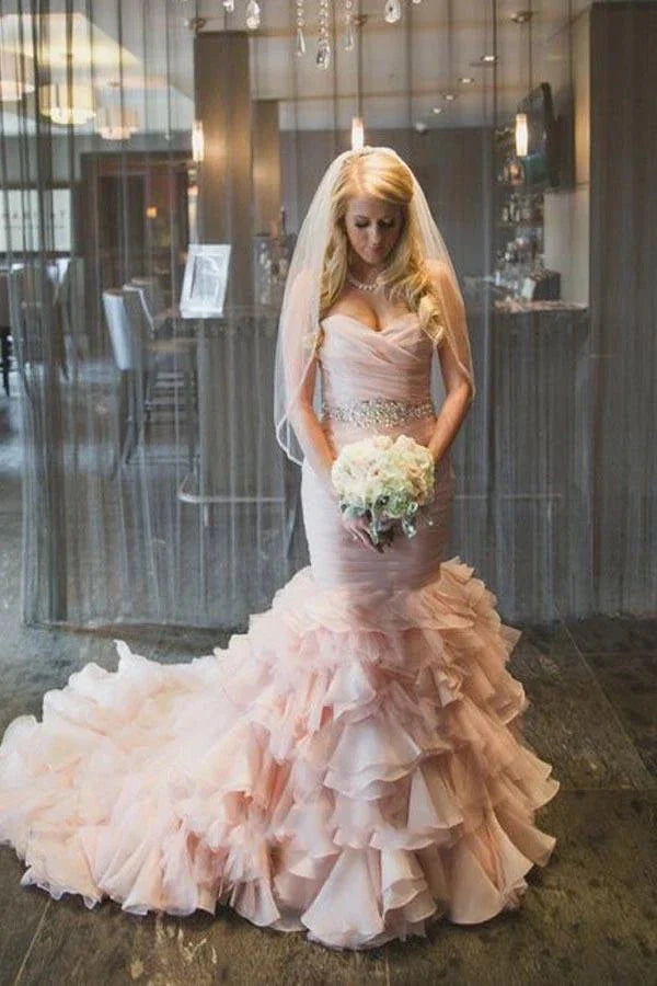 KissProm Sweetheart Tiered Train Organza Mermaid Pink Wedding Dress with Beading, Pink / 2