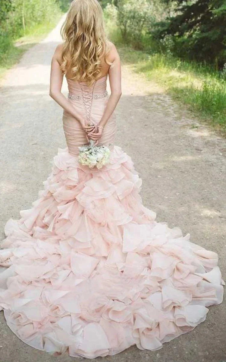 Sweetheart Tiered Train Organza Mermaid Pink Wedding Dress with Beading, Pink / 2
