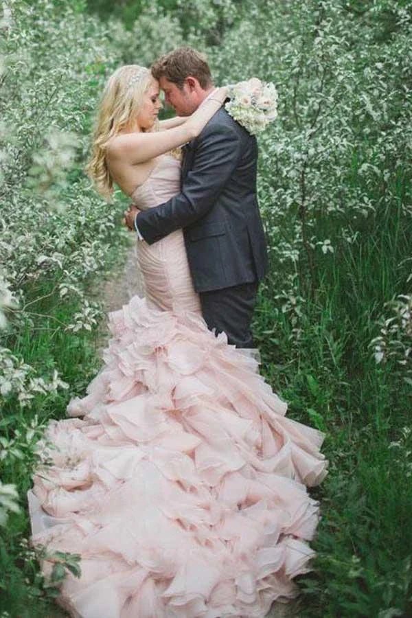 KissProm Sweetheart Tiered Train Organza Mermaid Pink Wedding Dress with Beading, Pink / 2
