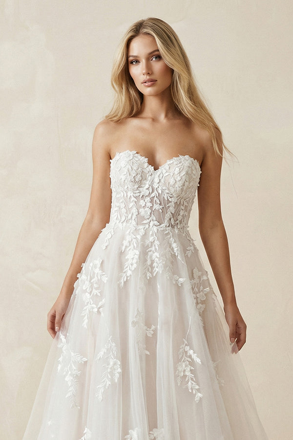 Sweetheart Spaghetti Straps Tulle A-Line With Train Wedding Dress– Wedding Dresses by KissProm | Available at KissProm