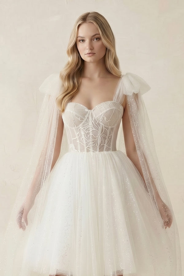 Sweetheart Tulle A - Line Midi Wedding Dress with Watteau Train in Ivory - KissProm Wedding Dresses