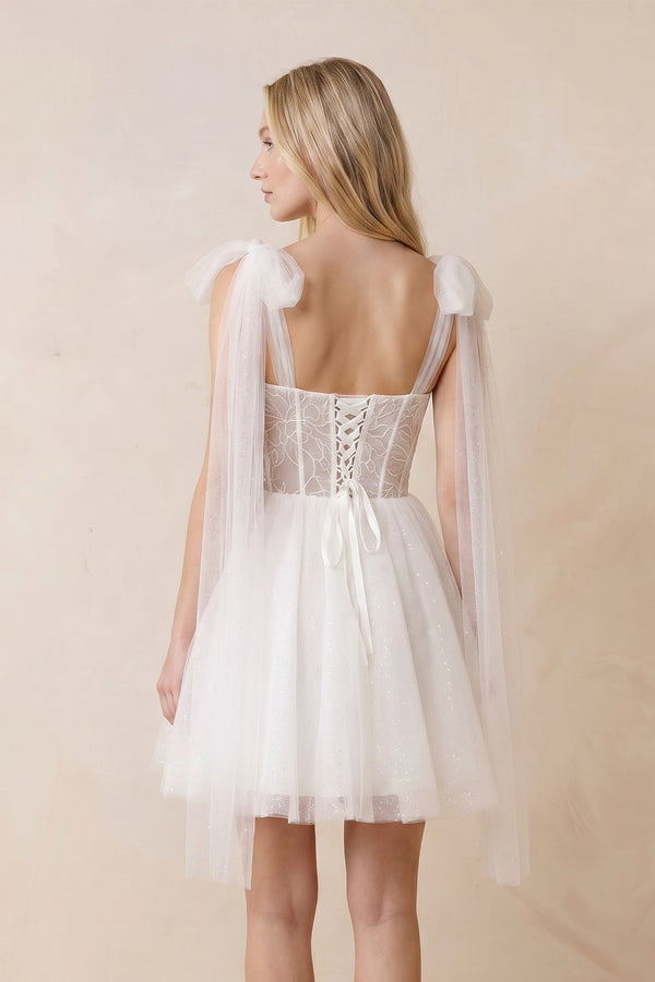 Sweetheart Tulle A - Line Midi Wedding Dress with Watteau Train in Ivory - KissProm Wedding Dresses