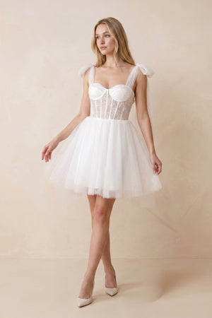 Sweetheart Tulle A - Line Midi Wedding Dress with Watteau Train in Ivory - KissProm Wedding Dresses