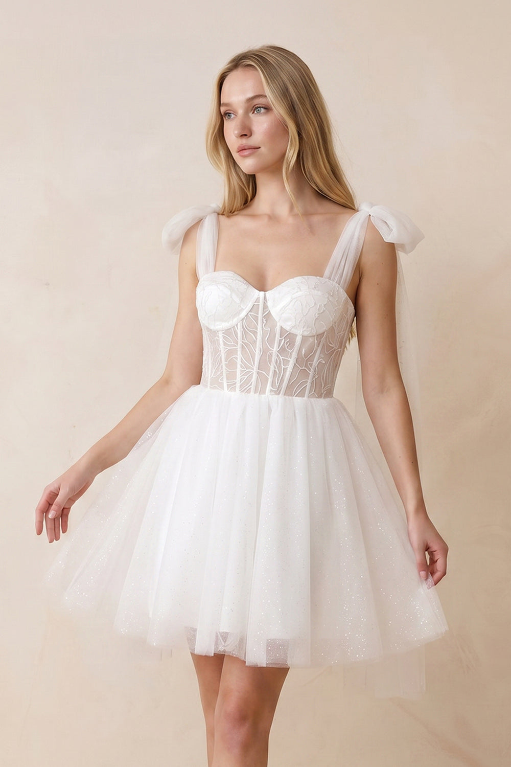 Sweetheart Tulle A - Line Midi Wedding Dress with Watteau Train in Ivory - KissProm Wedding Dresses