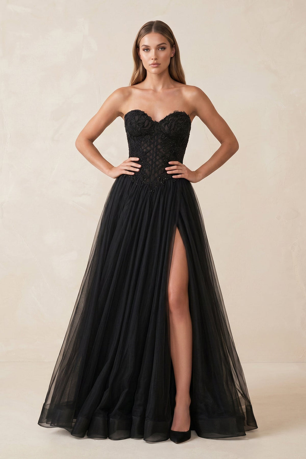 Sweetheart Tulle A - Line Wedding Dress with Slit in Black - KissProm Wedding Dresses