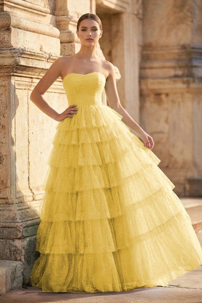 KissProm Mint Green Sweetheart Tulle Tiered A-Line Long Prom Dress with Slit, Yellow / 4
