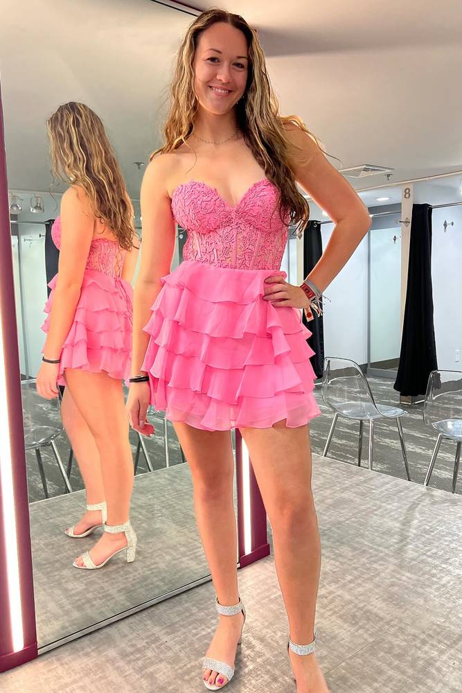 open lace back dress Mermaid Strapless Hot Pink Corset Long Prom Dress with Slit TP1279 US0 / Custom Color main image 1