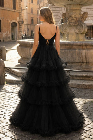 A-line V-Neck tulle prom dress with tiered ruffles in black.